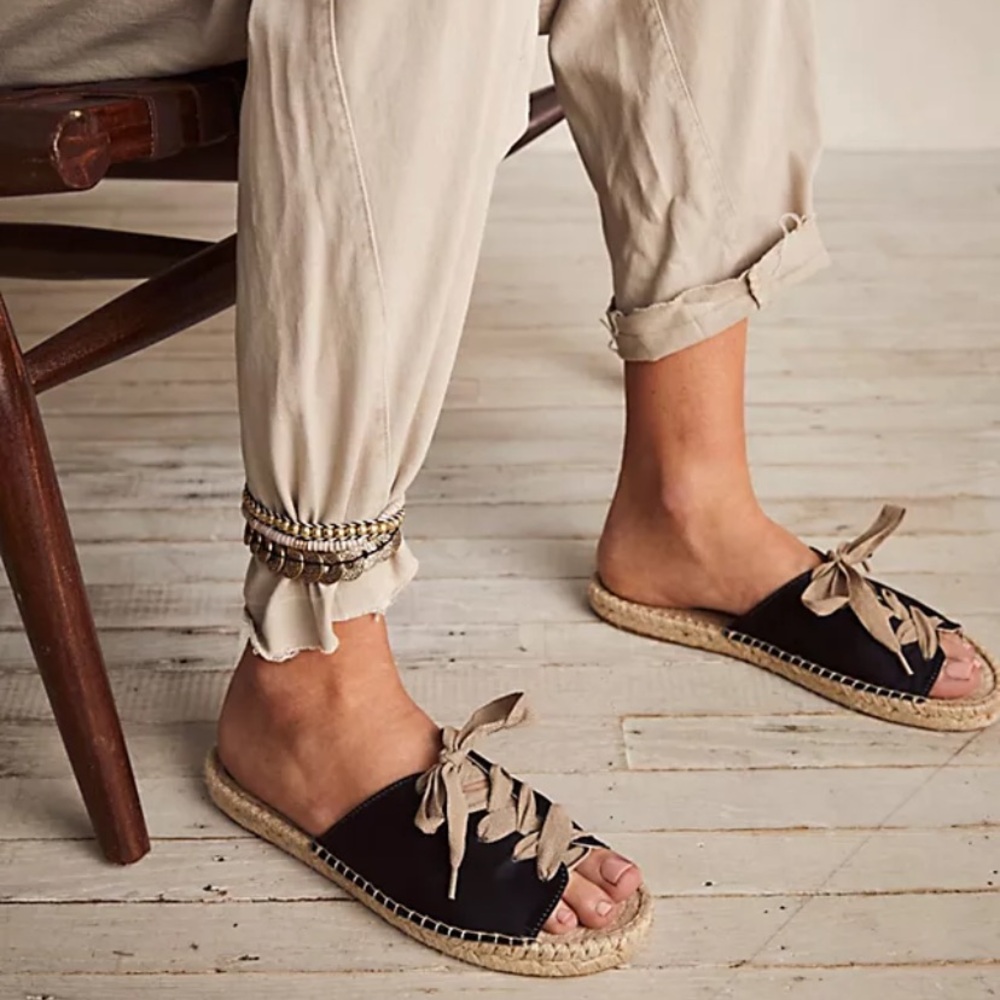 Free People Lolly Lace Up Slip-On Espadrille Sandals Black Cream EU 38 US 8 NEW